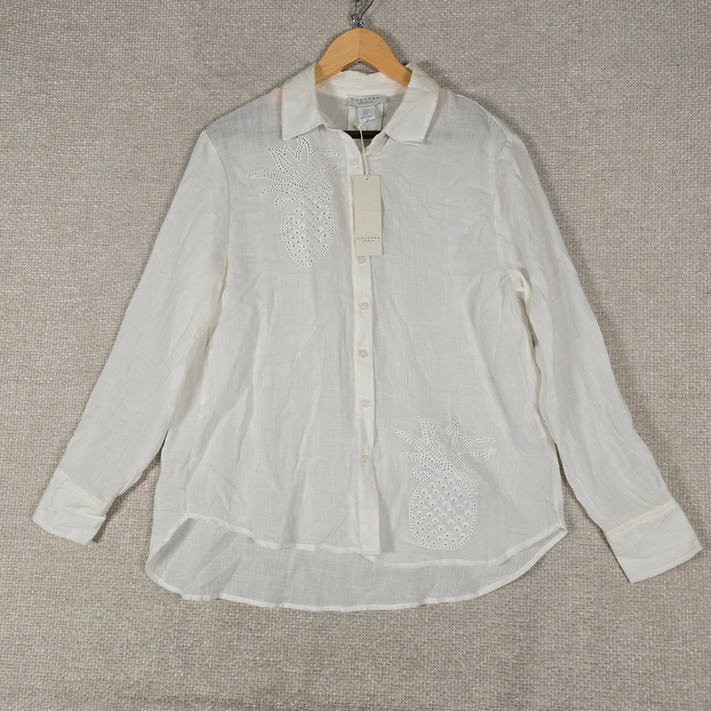 Calypso St Barth Womens White Pineapple Eyelet Embroidered Button Up Shirt M